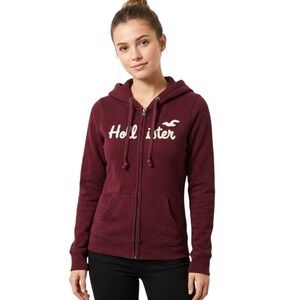 Hollister Full Zip Hoodie Burgundy Maroon Embroidered Logo Mens Large Sweatshirt